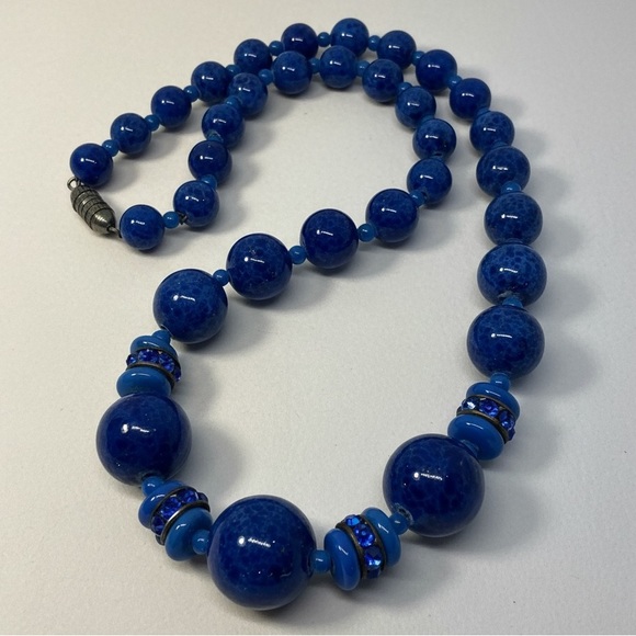 Vintage Jewelry - Vintage Czech Blue Peking Lapis Glass Bead Necklace Graduated